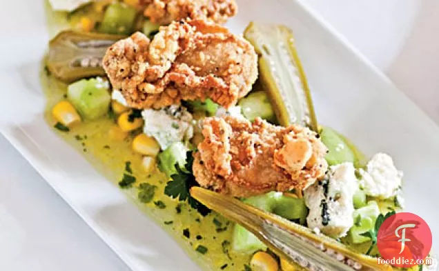 Fried Oysters with Green Tomato, Sweet Corn, and Blue Cheese Vinaigrette and Quick Pickled Okra