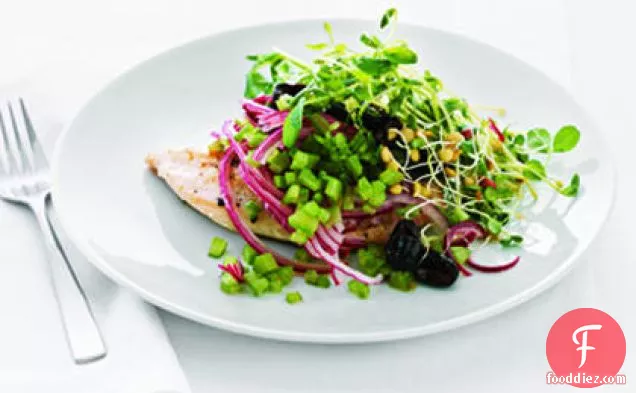 Chicken Paillard with Black Olive and Sprout Salad