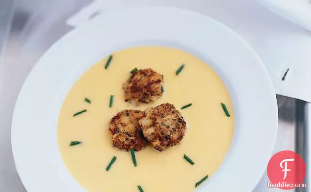 Reitzer's Sweet Corn Soup with Shiitake Crab Cakes
