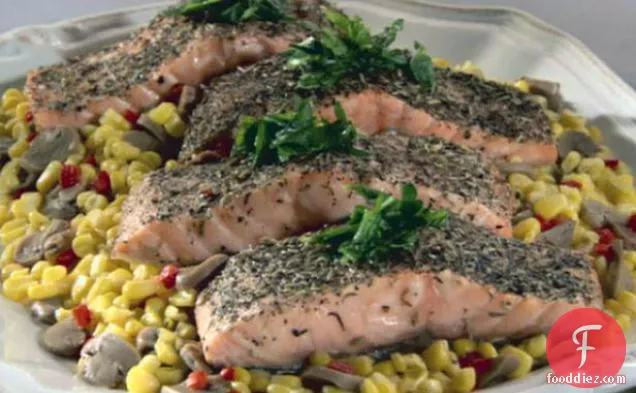 Herb Crusted Salmon with Sweet Corn and Mushrooms