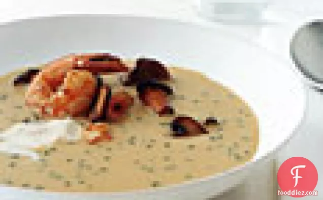Cream Of Cope's Corn Soup With Shrimp And Wild Mushrooms