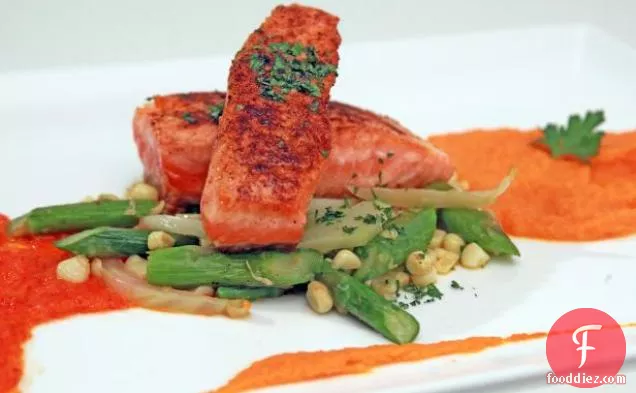 Paprika Seared Salmon with Carrot-Ginger Puree and Red Pepper Coulis