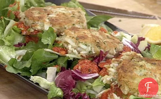 Killer Crab Cakes and Bitter Salad with Sweet Red Pepper Dressing