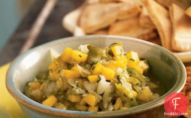 Roasted Tomatillo-Mango Salsa with Spiced Tortilla Chips