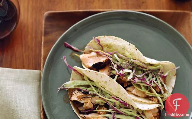 Dry-Rubbed Salmon Tacos with Tomatillo-Avocado Slaw