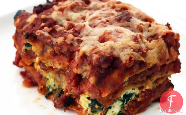 Lasagna with Homemade Basil Noodles and Sausage-Tomato Sauce
