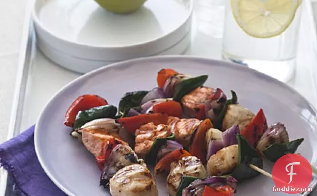 Salmon and Scallop Skewers With Romesco Sauce