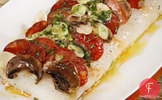 Pizza Of Roasted Cod Spiked With Chorizo, Tomatoes, And Mushrooms
