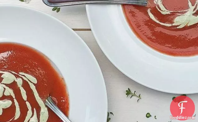 Chilled Tomato Soup With Green Goddess Whipped Cream