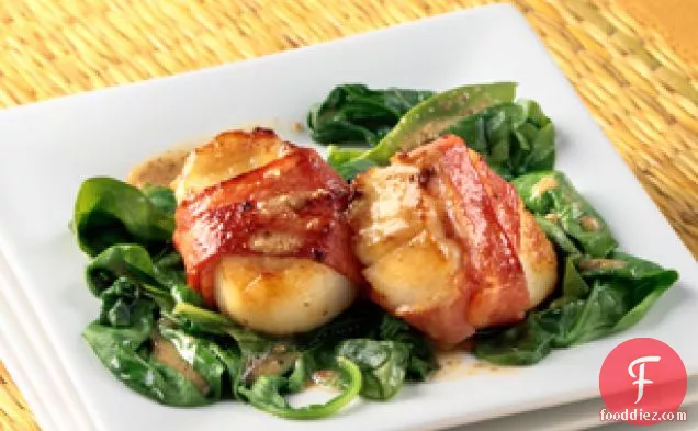 Turkey Bacon-Wrapped Scallops with Wilted Spinach
