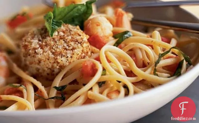 Shrimp, Tomato, and Basil Linguine with Warm Goat Cheese Rounds