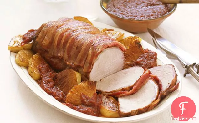 Bacon-Wrapped Pork Loin with Fruity Mole