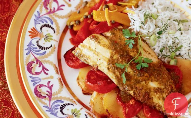 Roasted Fish with Charmoula, Tomatoes and Potatoes