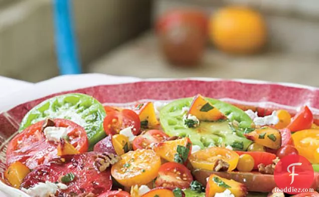 Heirloom Tomatoes with Fresh Peaches, Goat Cheese, and Pecans