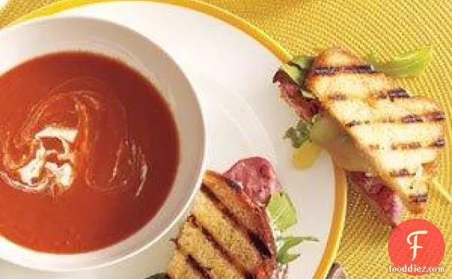 Tomato Soup With Roast Beef, Cheddar, And Horseradish Panini