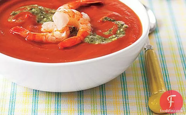 Chilled Tomato Soup with Shrimp and Pesto
