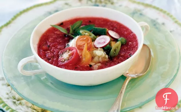 Summer Tomato Soup with Herbed Goat Cheese