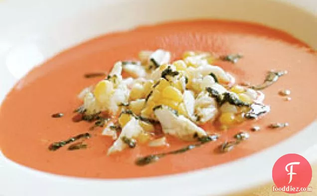 Chilled Tomato Soup With Crab Salad & Pistou