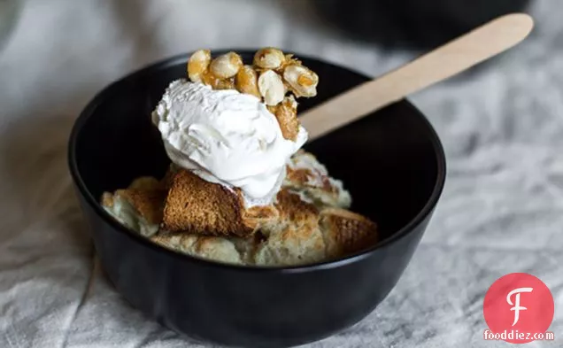 Dulce de Leche Bread Pudding with Peanut Brittle Topping