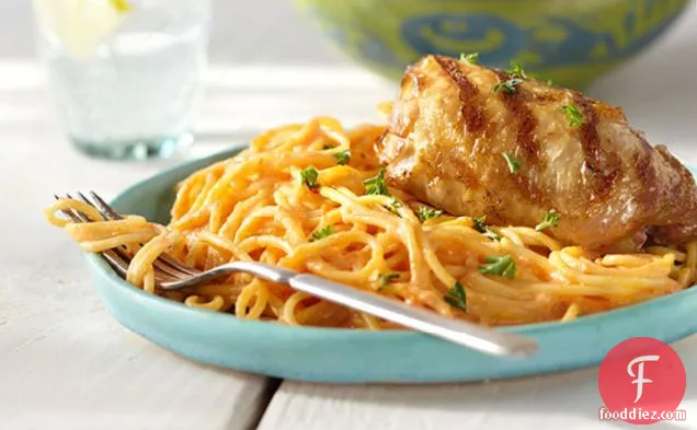 Grilled Chicken with Creamy Red Pepper Pasta