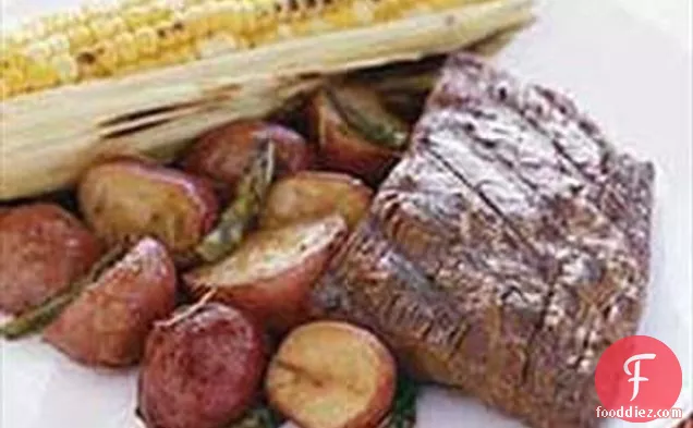 Barbecued Flank Steak with Roasted Vegetables and Corn