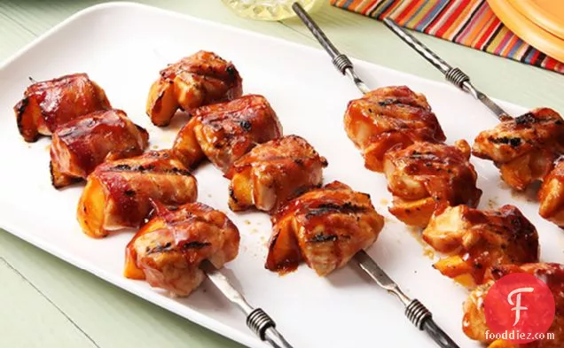 Barbecue Chicken and Peach Kabobs with Bacon