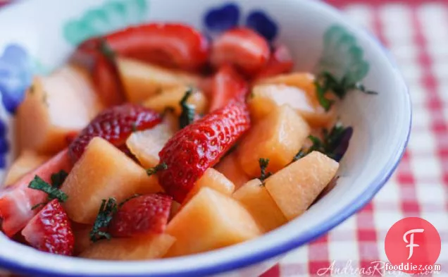 Cantaloupe Strawberry Salad With Lime Syrup And Mint
