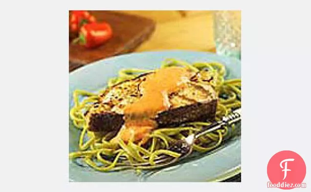 Grilled Fish Over Linguine With Roasted Pepper Sauce