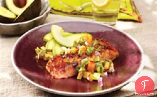 Marinated Grilled Salmon with Avocado and Stone Fruit Salsa