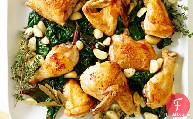 Chicken with 40 Cloves of Garlic and Spicy Greens
