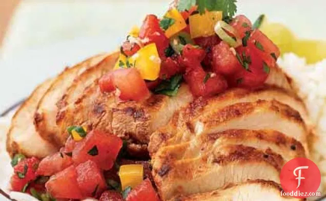 Sesame-Chile Chicken with Gingered Watermelon Salsa