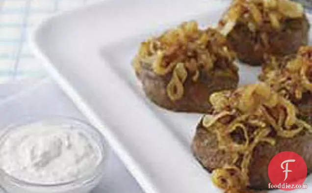 Caramelized Onion Topped Steaks with Creamy Horseradish Sauce