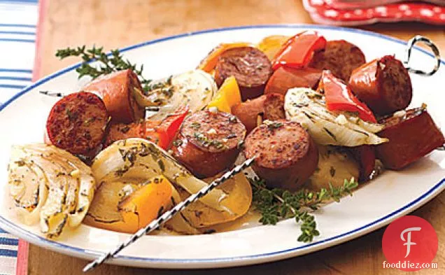 Turkey Kielbasa Kebabs with Peppers and Fennel