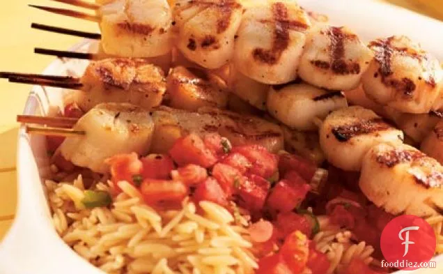 Grilled Scallops with Tomato-Mint Sauce and Orzo