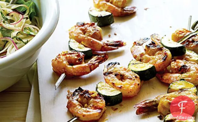 Asian Shrimp and Zucchini Skewers with Noodle Salad