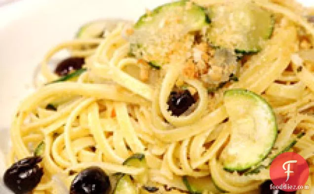 Linguine With Zucchini, Garlic, Black Olives, And Toasted Bread