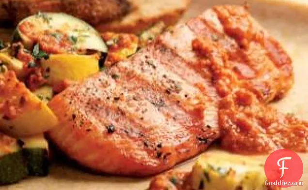 Grilled Salmon & Zucchini With Red Pepper Sauce