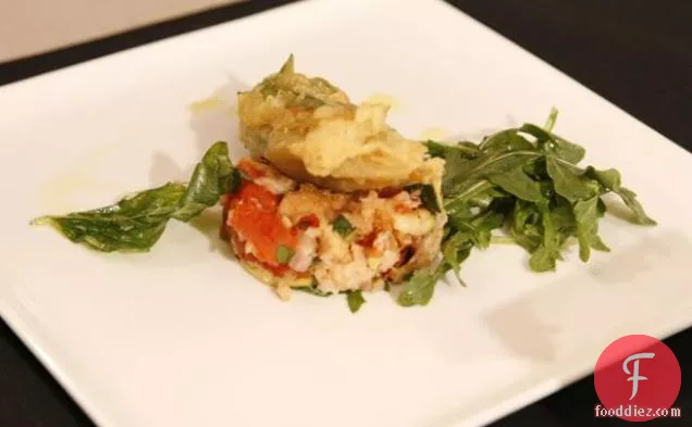 Fried Zucchini Blossoms with Grilled Vegetable Panzanella and Baby Arugula Salad