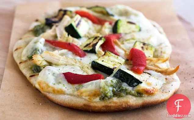 Grilled Pizzas With Chicken, Zucchini, Roasted Peppers, And Pesto