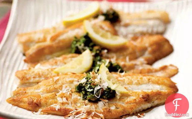 Flounder with Cilantro-Curry Topping and Toasted Coconut