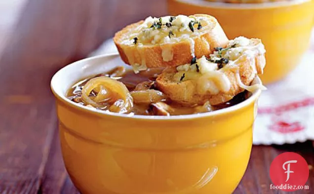 Caramelized Onion and Shiitake Soup with Gruyère–Blue Cheese Toasts