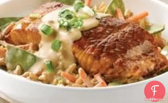 Creamy Vegetable Rice with Teriyaki Salmon