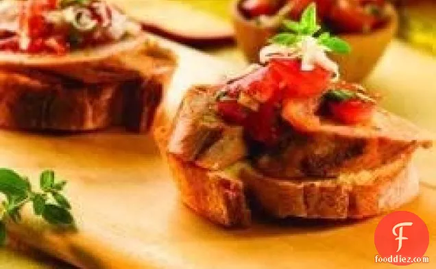 Roasted Pepper and Asiago Chicken Sausage Fresh Tomato Bruschetta