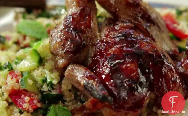 Grilled Quail with Pomegranate-Orange BBQ Sauce and Tabouli with Quinoa and Shredded Kale