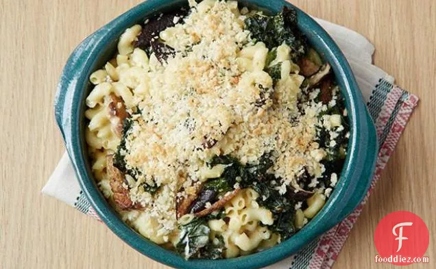 Creamy Baked Macaroni and Cheese with Kale and Mushrooms