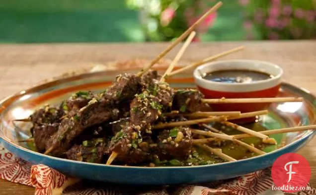 Skewered Lamb with Spicy Pomegranate-Rioja Red Wine Vinaigrette and Mint-Almond Relish