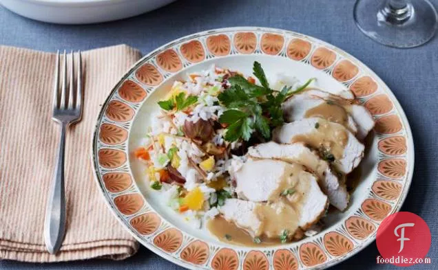 Roasted, Brined Turkey Breast with Maple-Worcestershire Gravy and Fruit and Nut Rice Pilaf