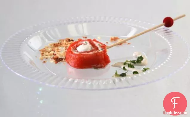 Smoked Salmon Mousse Lollipops with Wasabi Creme Fraiche and Baked Wonton Flakes