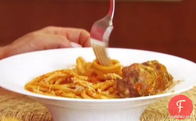 Bucatini All'Amatriciana with Spicy Smoked Mozzarella Meatballs