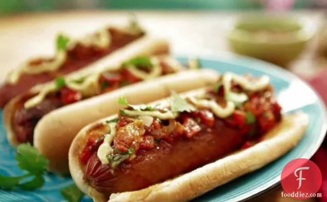 New York Street Cart Dogs with Onion Sauce and Grilled Red Pepper Relish